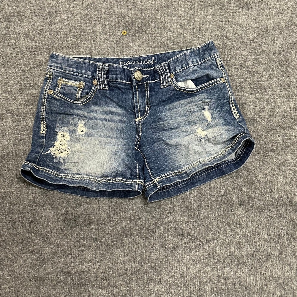 Maurices Denim Shorts Womens Size 5/6 Blue Distressed Thick Stitch Low Rise Y2K